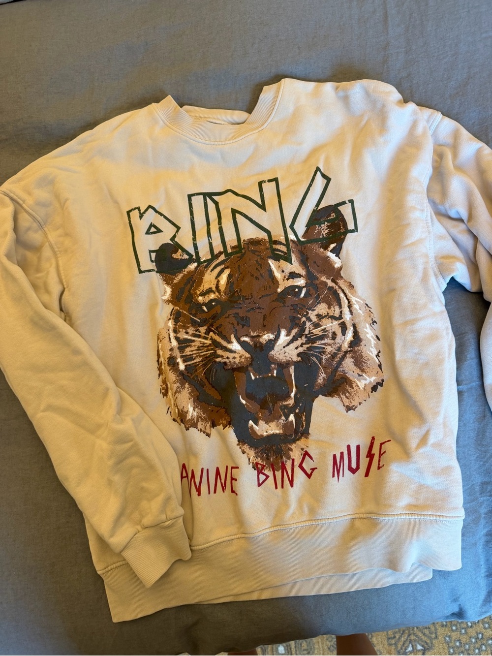 Anine Bing Cream Crewneck with Brown and Green Tiger Graphic